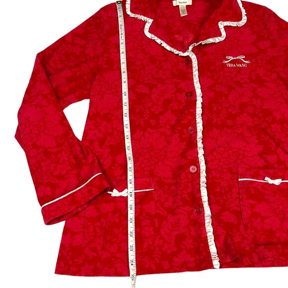 Vera Wang Pajama Shirt Red Floral White Ruffle Trim Long Sleeve Women's Large - Picture 5 of 9